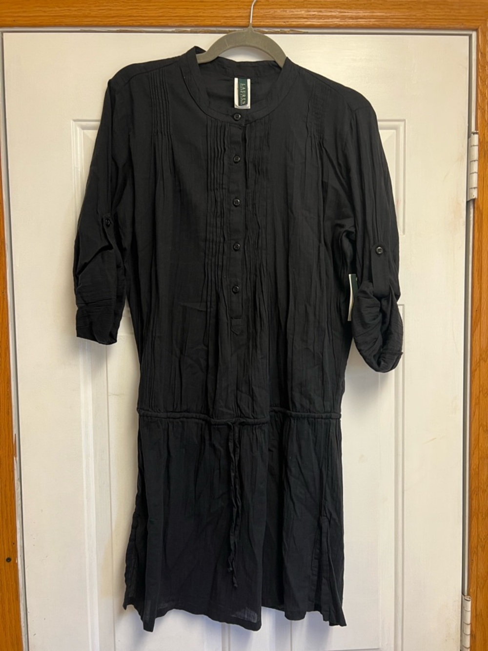 Lauren by Ralph Lauren Black Pintuck Button-Front Long Sleeve Dress